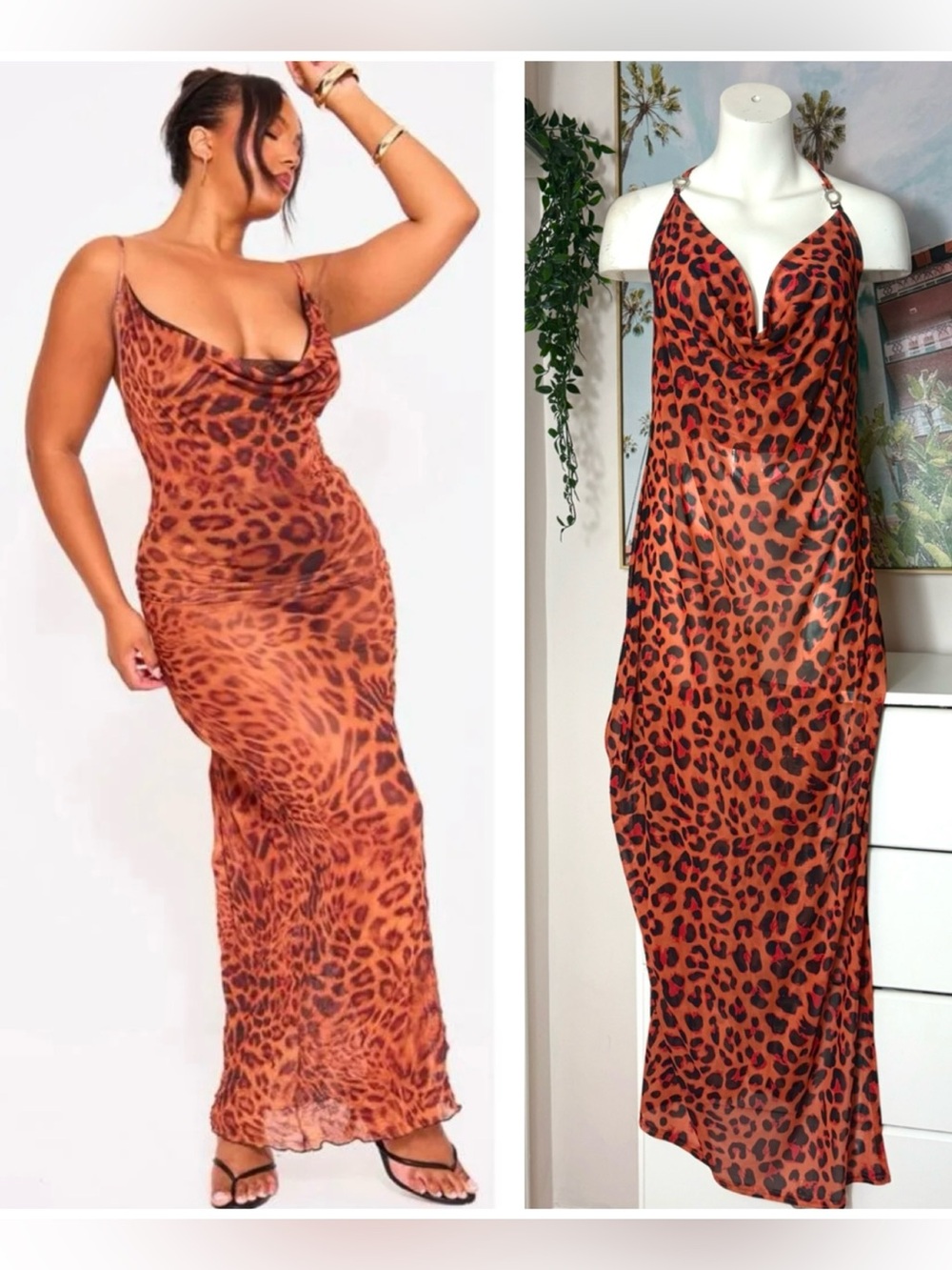 Boohoo Orange Black Leopard Cheetah Print Sheer Maxi Dress Halter XL Size 14